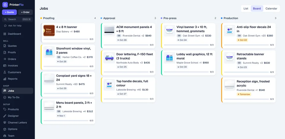The PrinterFlo Jobs board: each job in its column, from proofing to production, with its customer, price and due date